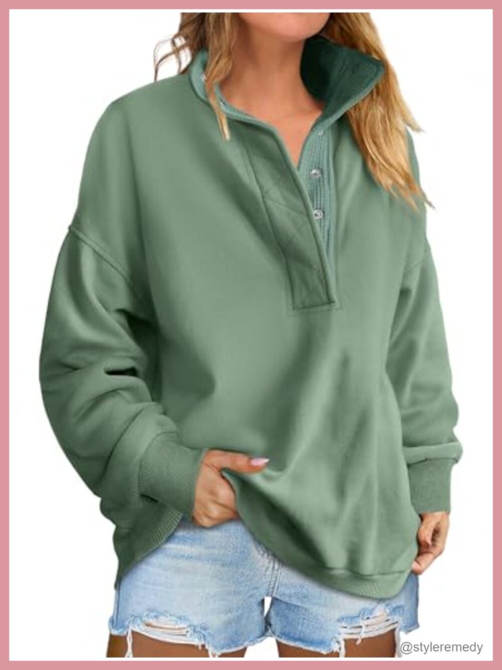 Oversized Mock Neck Henley Sweatshirt Loose Fit Long Sleeve Pullover